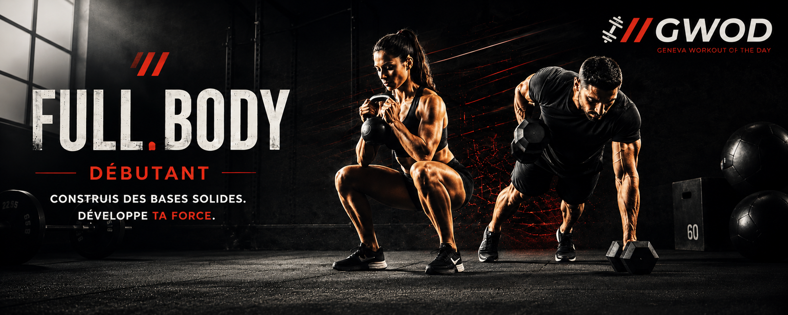 Programme Full Body débutant GWOD : femme et homme s'entraînant avec des poids dans une salle de sport, logo GWOD et slogan « Construis des bases solides ».
