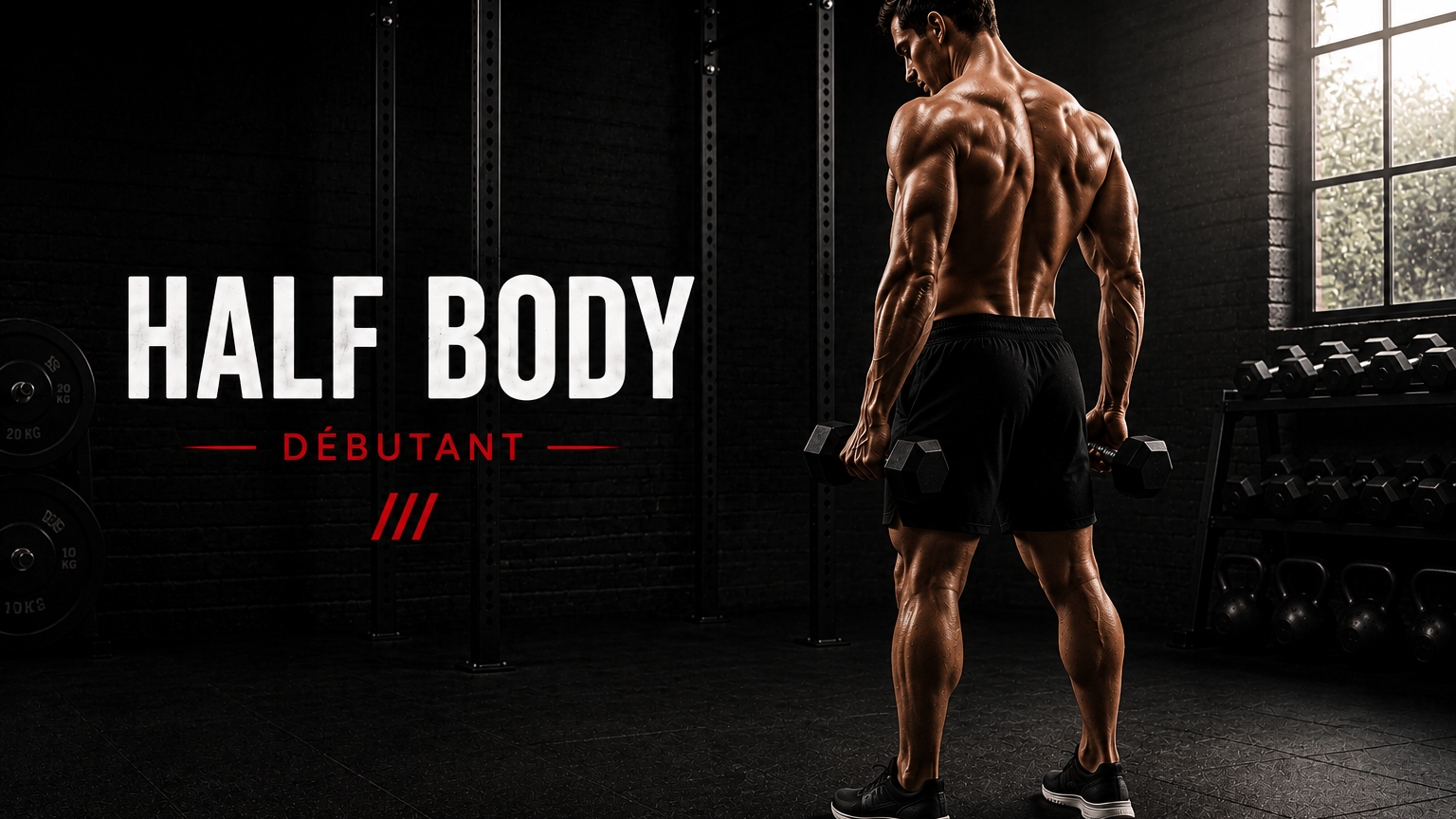 Homme debout avec deux haltères dans une salle de sport – entraînement débutant Half Body