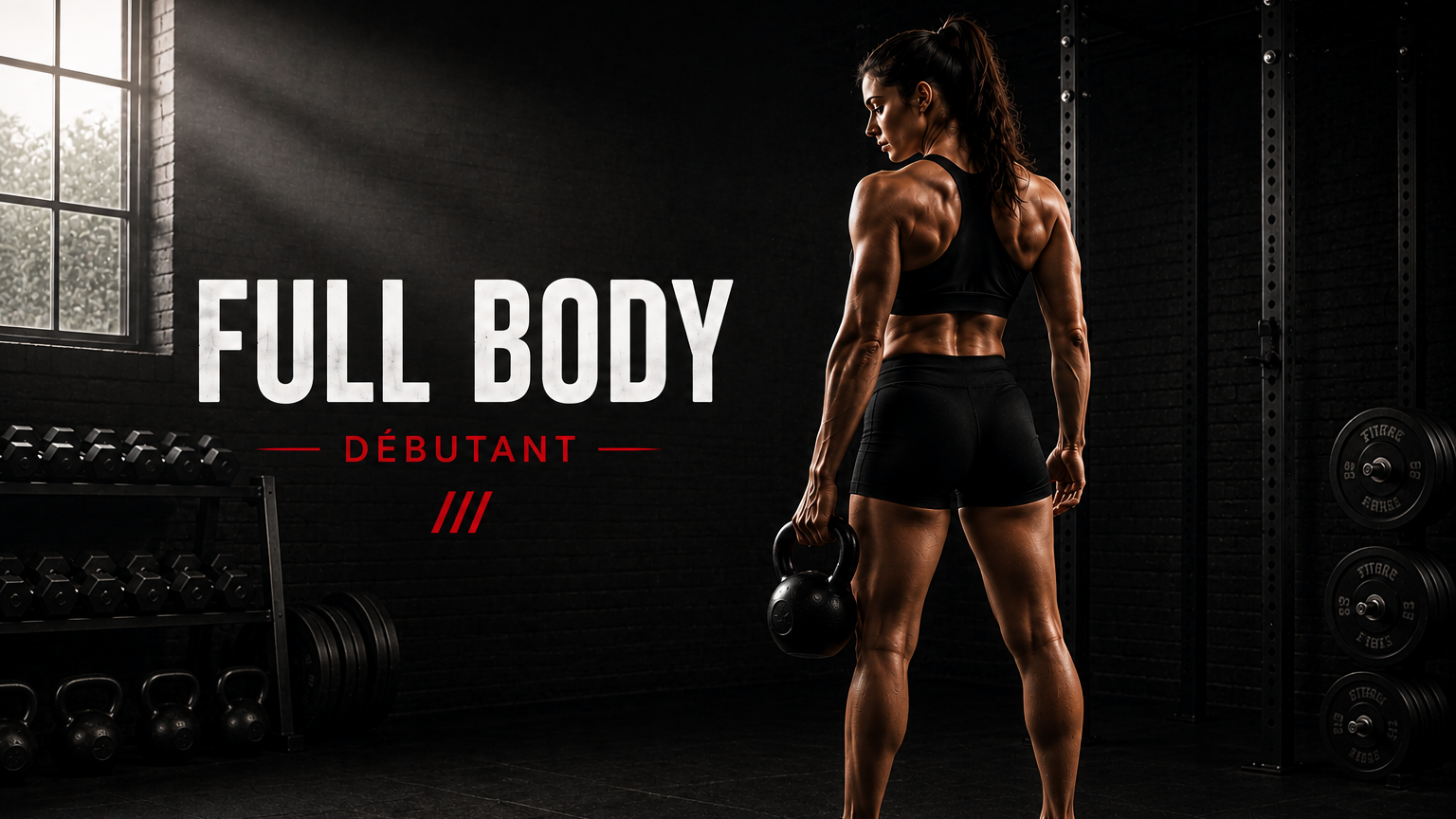 Femme debout avec un kettlebell dans une salle de sport – entraînement débutant Full Body