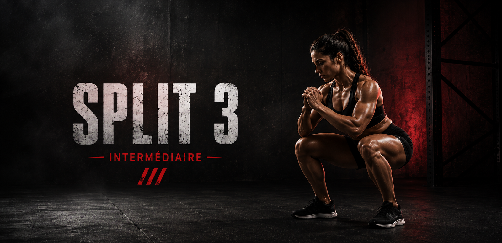 Femme réalisant un squat avec une barre de musculation, visuel du programme Split 3 intermédiaire GWOD