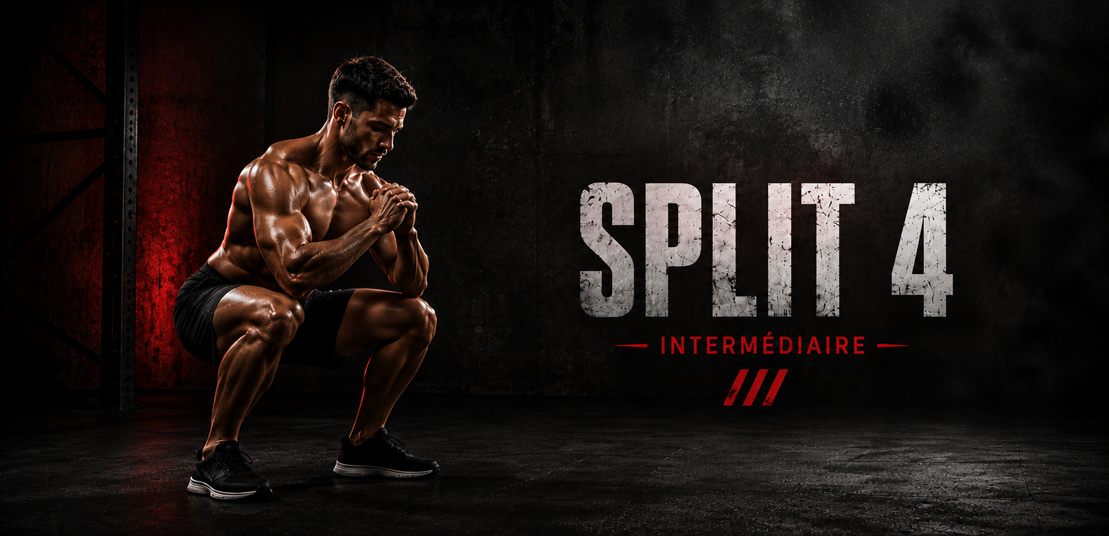 Homme réalisant un squat avec une barre de musculation, visuel du programme Split 4 intermédiaire GWOD.