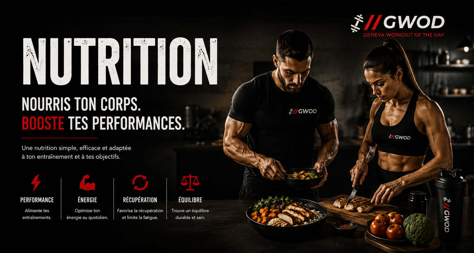 Un homme et une femme préparent un repas équilibré dans une cuisine, illustrant la nutrition sportive. Recettes faciles et équilibrées pour accompagner une alimentation sportive