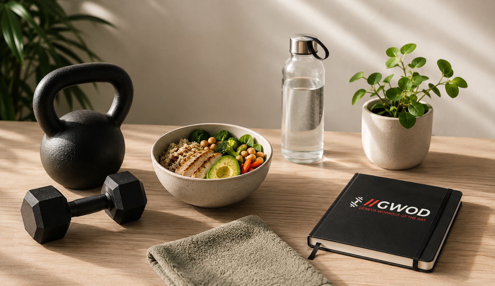 Table avec matériel d'entraînement, carnet et alimentation