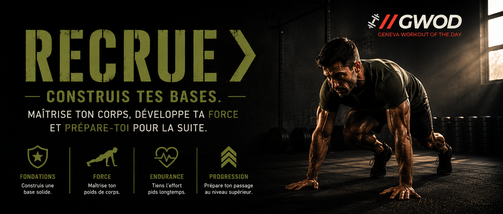 Homme athlétique en position de planche, les mains au sol, effectuant un mouvement alterné des jambes. Bannière du WOD débutant RECRUE de GWOD.
