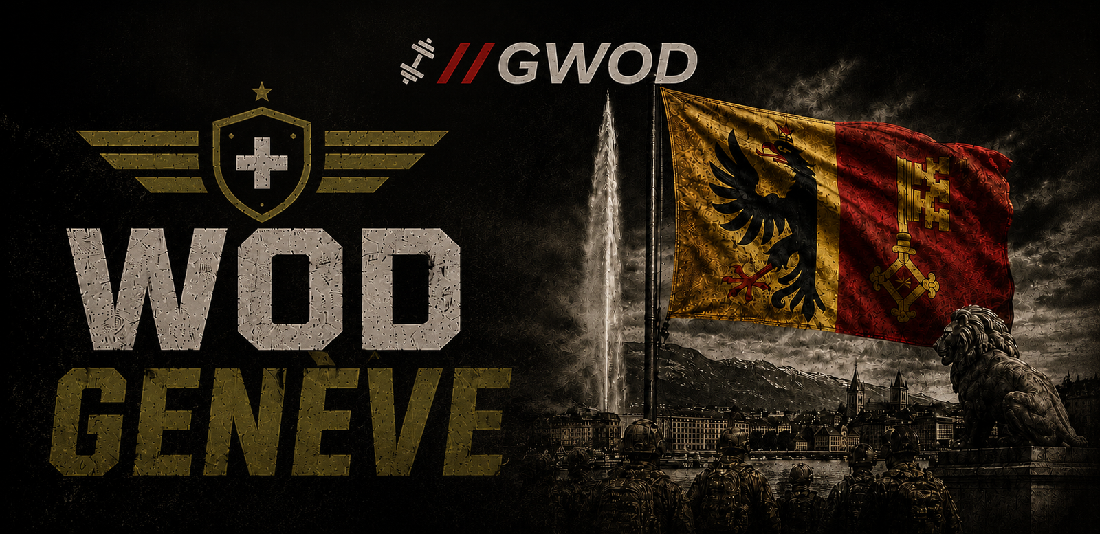 Bannière WOD Genève GWOD avec le drapeau genevois et une vue de la ville de Genève au bord du lac Léman.