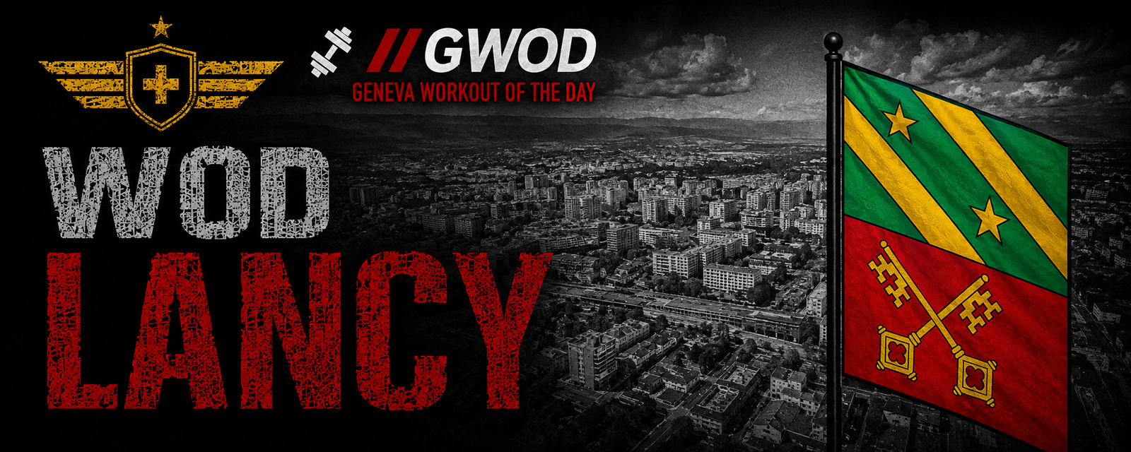 Bannière du WOD Lancy de GWOD, avec le drapeau de la commune et une vue de la ville de Lancy.