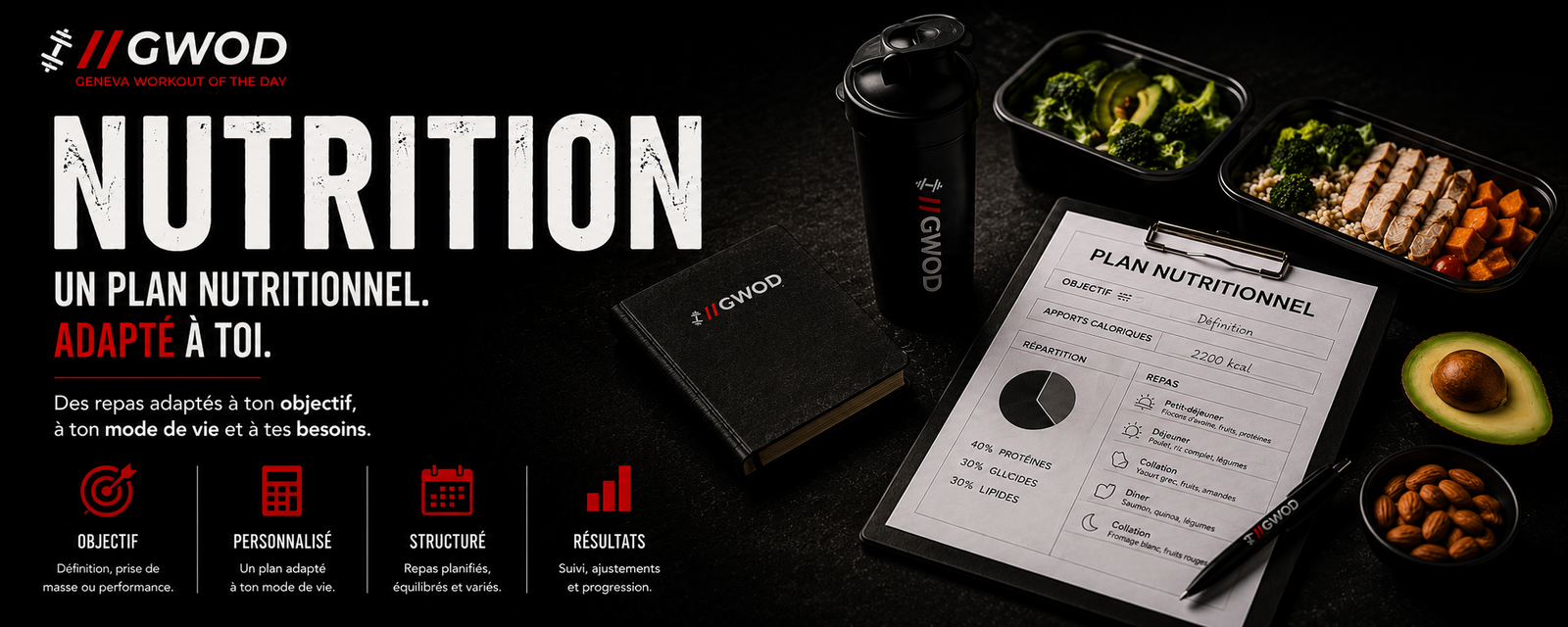 Plan de nutrition GWOD avec repas équilibrés et shaker pour la prise de masse ou la perte de graisse.