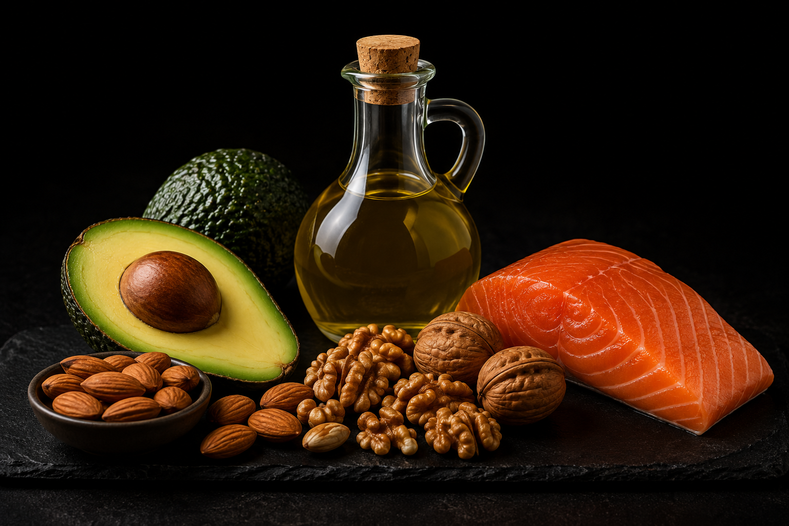 Sources de lipides insaturés : avocat, huile d’olive, saumon, noix et amandes
