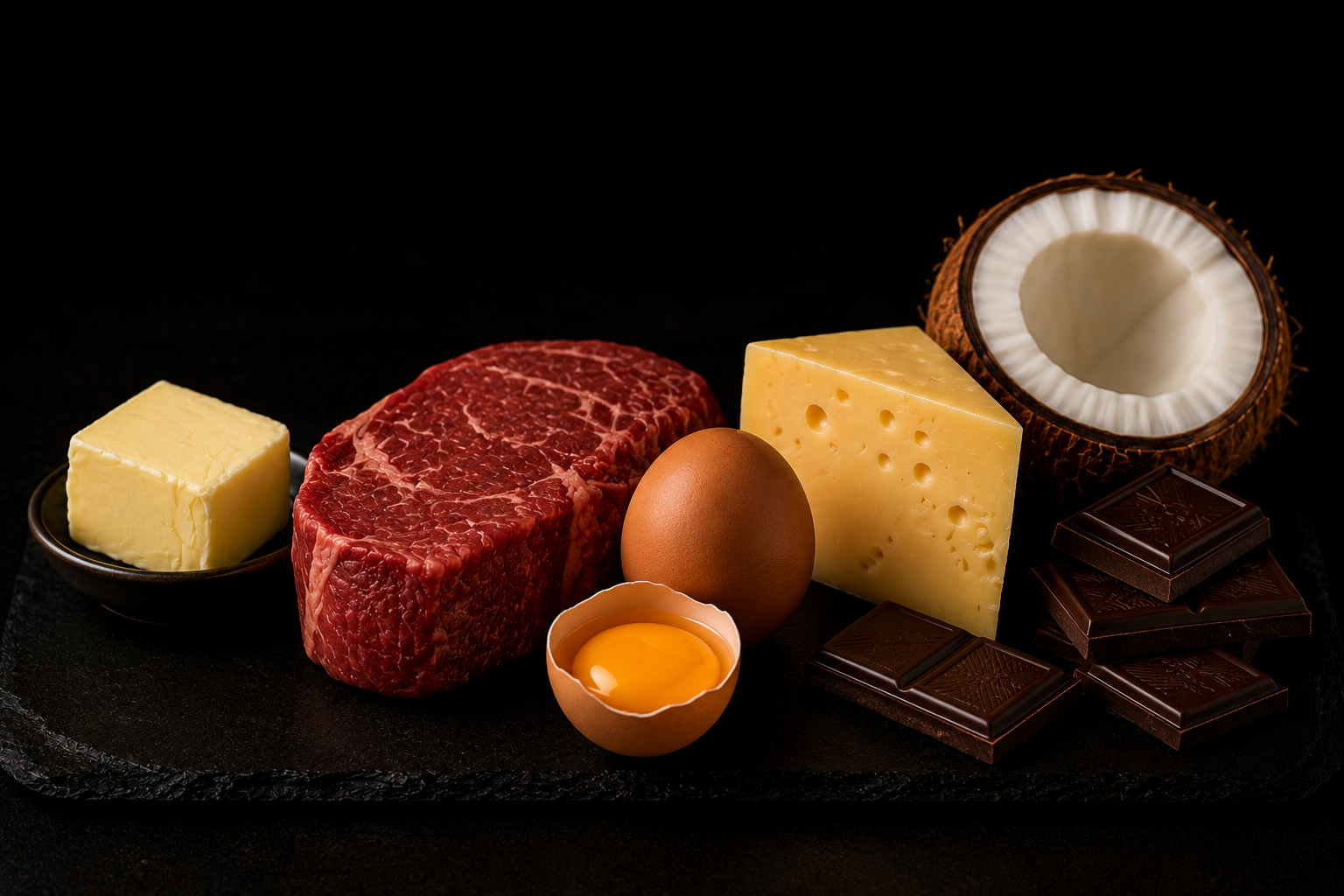 Sources de lipides saturés : viande, beurre, œufs, fromage, produits laitiers et chocolat noir