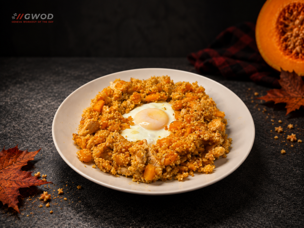 Couscous au poulet, courge et œuf.