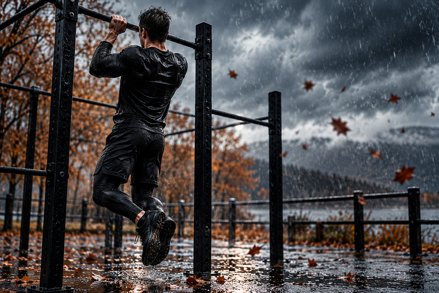 Athlète réalisant des tractions en extérieur sous la pluie lors d’un WOD