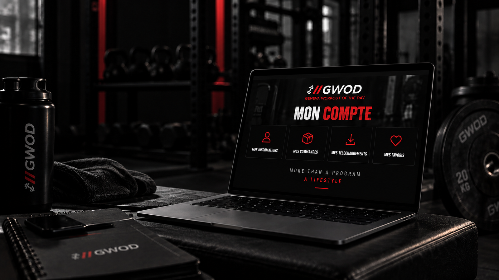 Espace Mon Compte GWOD affiché sur un ordinateur dans une salle de sport 