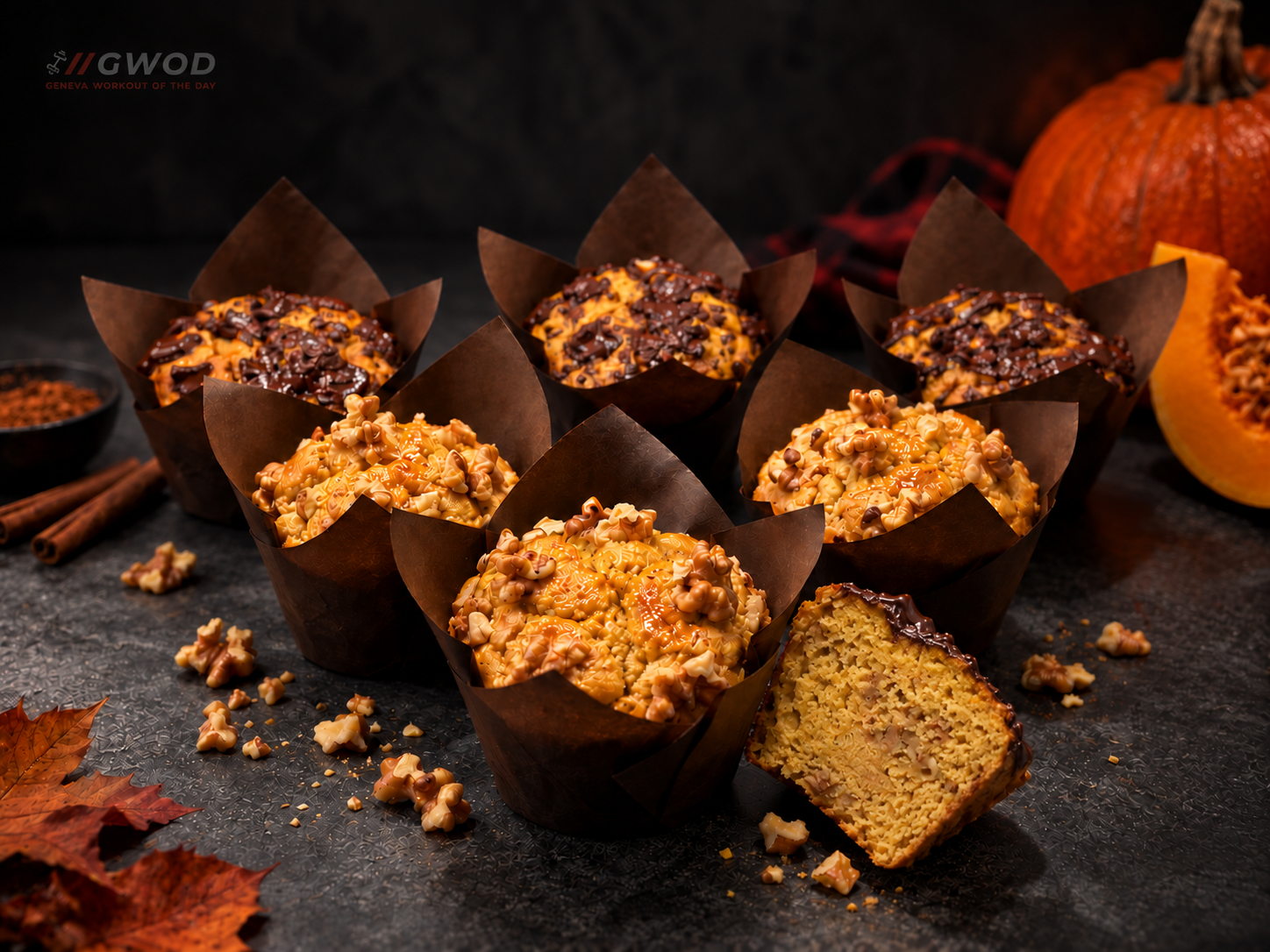 Muffins fondants à la courge et à l’avoine, garnis de noix concassées