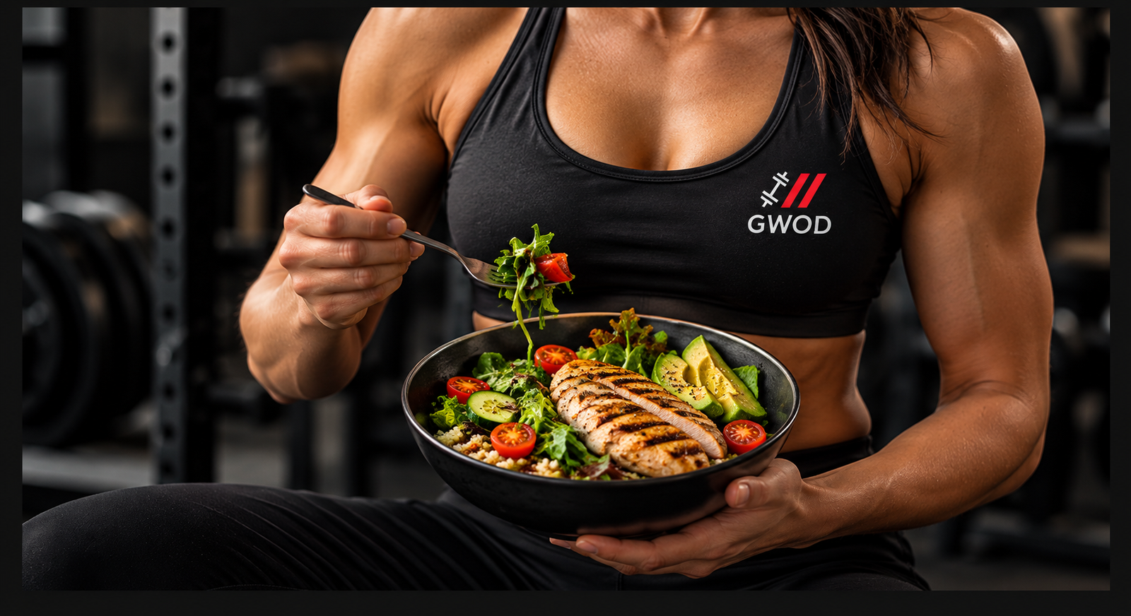 Femme sportive en tenue GWOD tenant un bol de poulet grillé, de légumes et de céréales, illustrant une alimentation équilibrée.