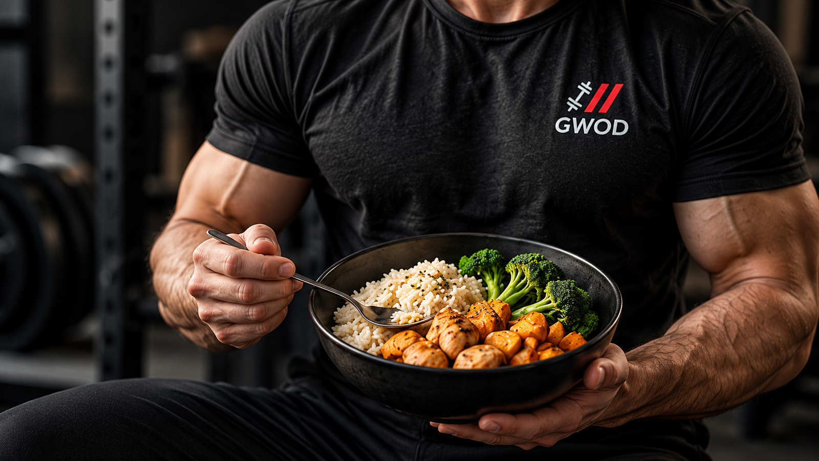 Homme sportif portant un t-shirt GWOD, tenant un bol de poulet, de riz et de légumes, illustrant une alimentation adaptée à la prise de masse musculaire.